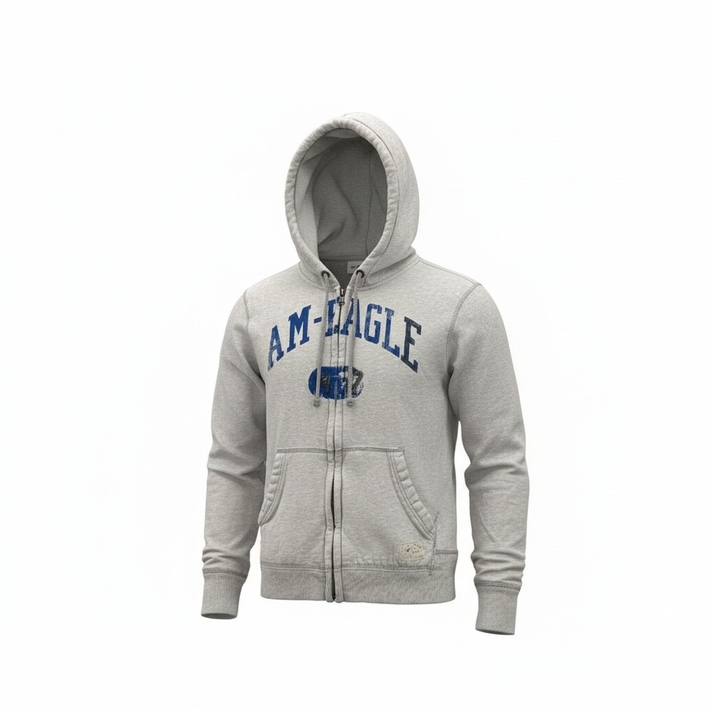 American Eagle Zip‎ Up Hoodie Mens Large Y2K Gray Distressed Fleece Sweatshirt